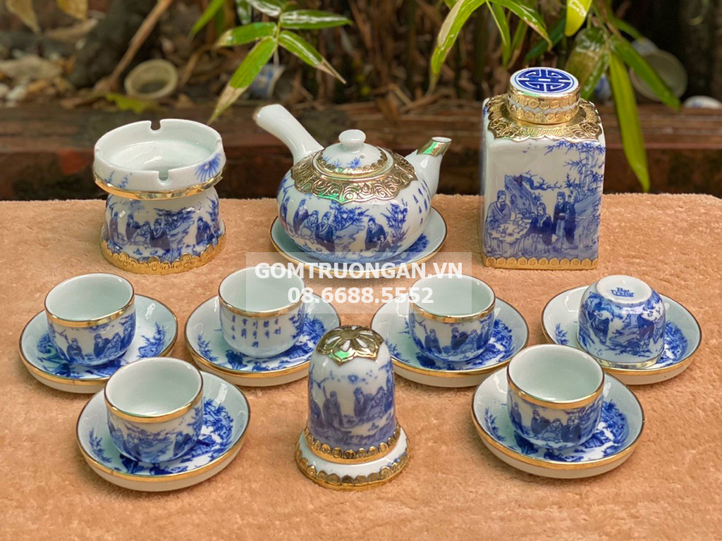 Ấm chén men lam bọc đồng Trúc Lâm Thất Hiền cao cấp đầy đủ phụ kiện