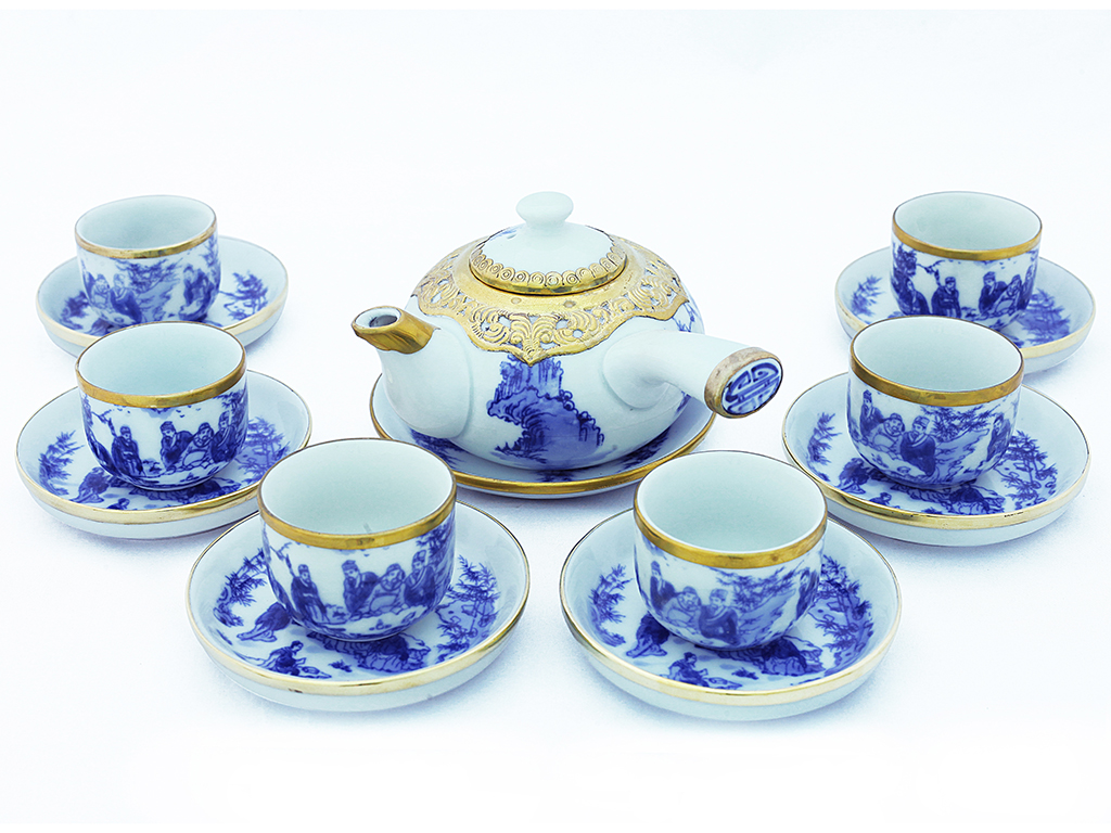 Ấm chén men lam bọc đồng Trúc Lâm Thất Hiền cao cấp đầy đủ phụ kiện