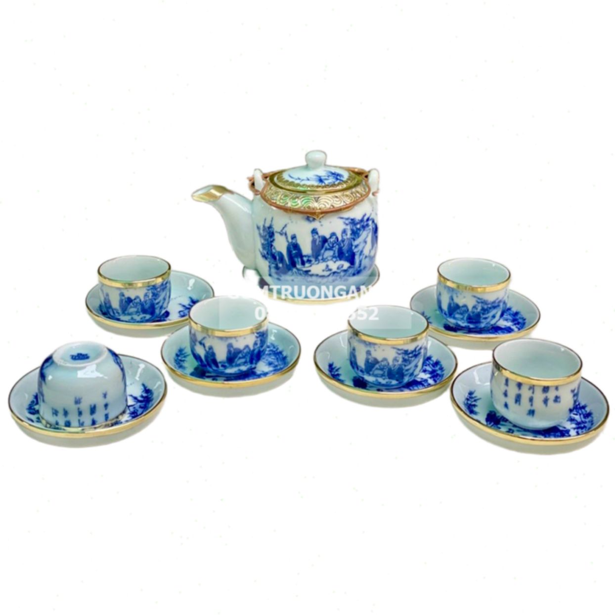 Ấm chén bọc đồng Bát Tràng men lam Trúc Lâm Thất Hiền cao cấp sang trọng 