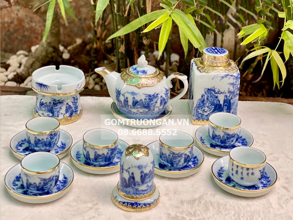 Ấm chén bọc đồng Bát Tràng Trúc Lâm Thất Hiền cao cấp tiện dụng Ấm chén bọc đồng Bát Tràng Trúc Lâm Thất Hiền cao cấp tiện dụng