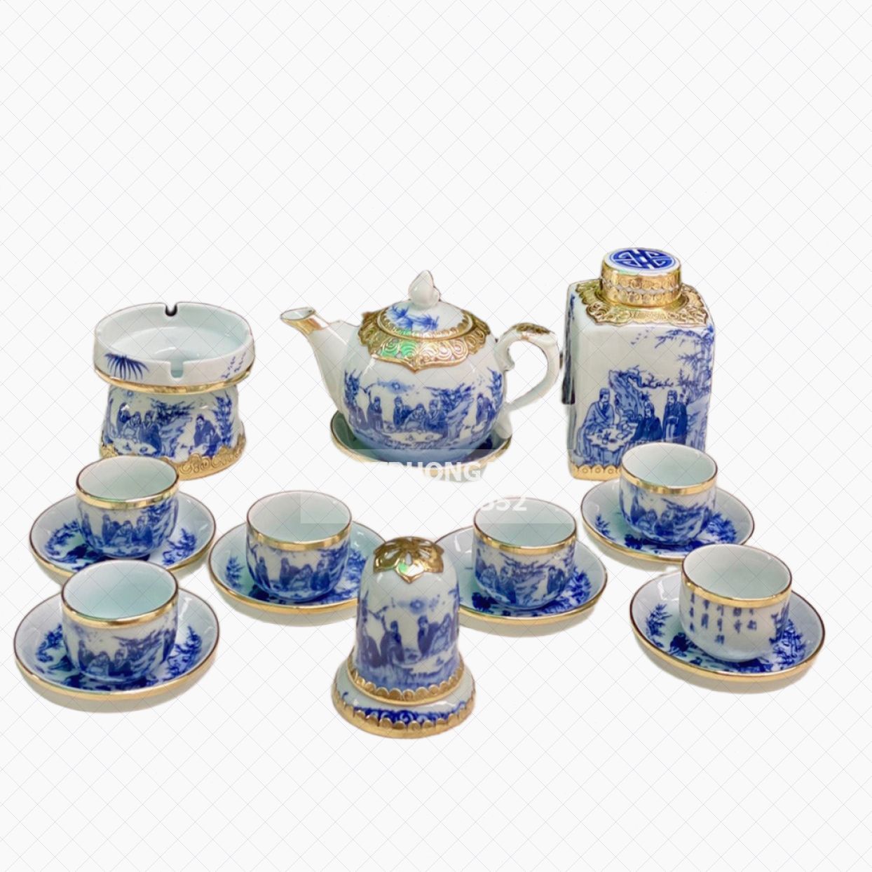 Ấm chén bọc đồng Bát Tràng Trúc Lâm Thất Hiền cao cấp tiện dụng 