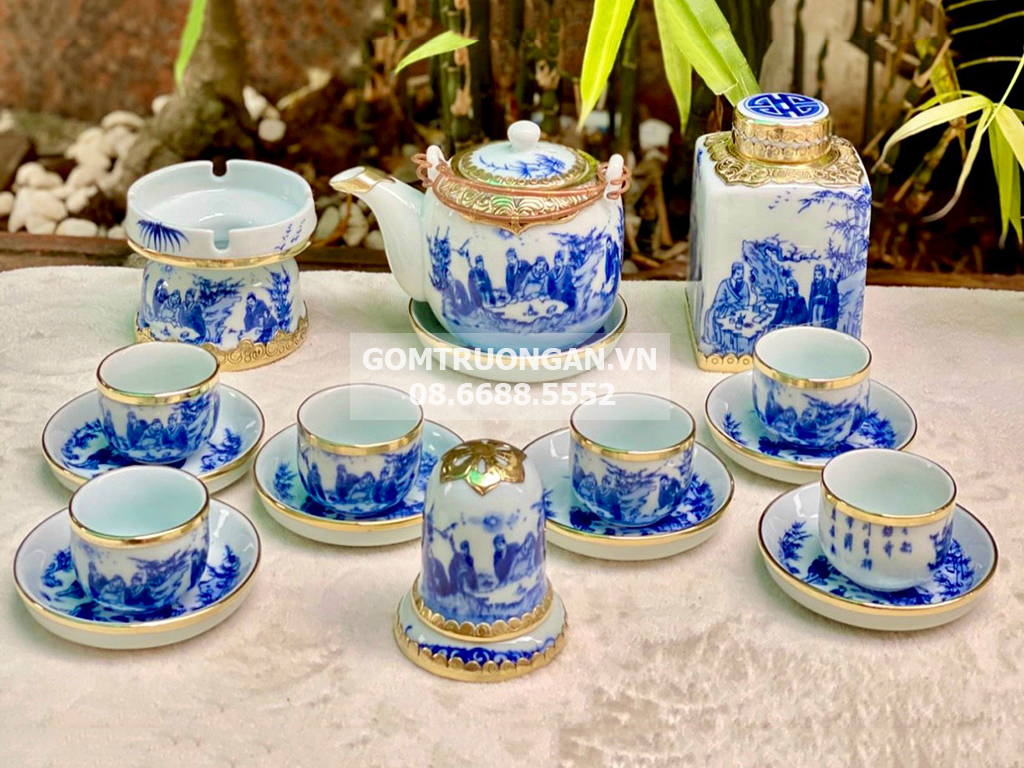 Ấm chén bọc đồng Bát Tràng men lam Trúc Lâm Thất Hiền đầy đủ phụ kiện tốt Ấm chén bọc đồng Bát Tràng men lam Trúc Lâm Thất Hiền đầy đủ phụ kiện tốt