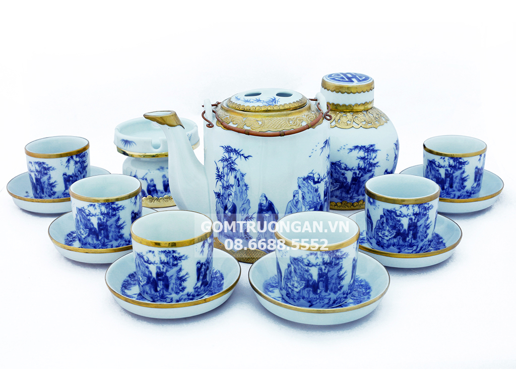 Bộ ấm tích Bát Tràng men lam bọc đồng Trúc Lâm 15L sang trọng tiện dụng 
