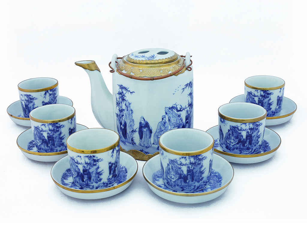 Bộ ấm tích Bát Tràng men lam bọc đồng Trúc Lâm 15L sang trọng tiện dụng