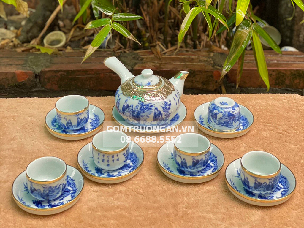 Ấm chén Bát Tràng men lam Trúc Lâm Thất Hiền bọc đồng đẹp sang 