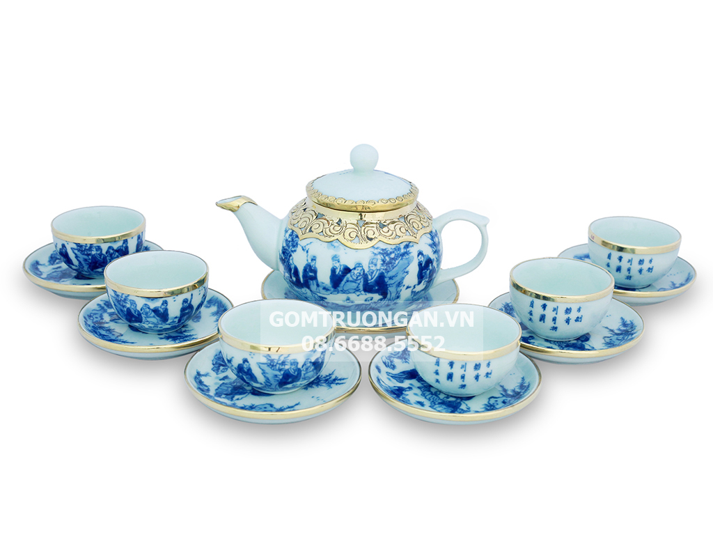 Ấm chén Bát Tràng men lam Trúc Lâm Thất Hiền đa dạng mẫu mã giá tốt 