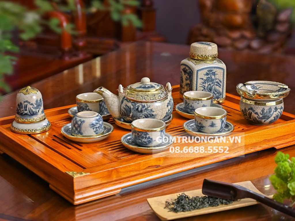 Bộ ấm chén Bát Tràng bọc đồng men rạn Nhật Bản cao cấp, phụ kiện đầy đủ