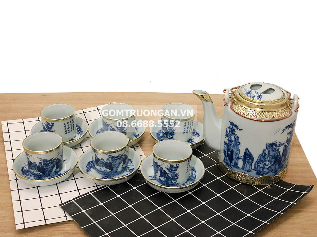 Bộ ấm tích Bát Tràng bọc đồng men lam cao cấp Trúc Lâm Thất Hiền 15L