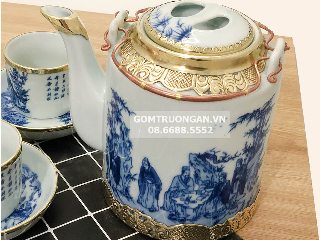 Bộ ấm tích Bát Tràng bọc đồng men lam cao cấp Trúc Lâm Thất Hiền 15L