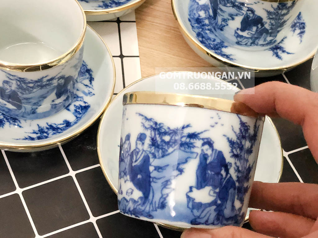 Bộ ấm tích Bát Tràng bọc đồng men lam cao cấp Trúc Lâm Thất Hiền 15L