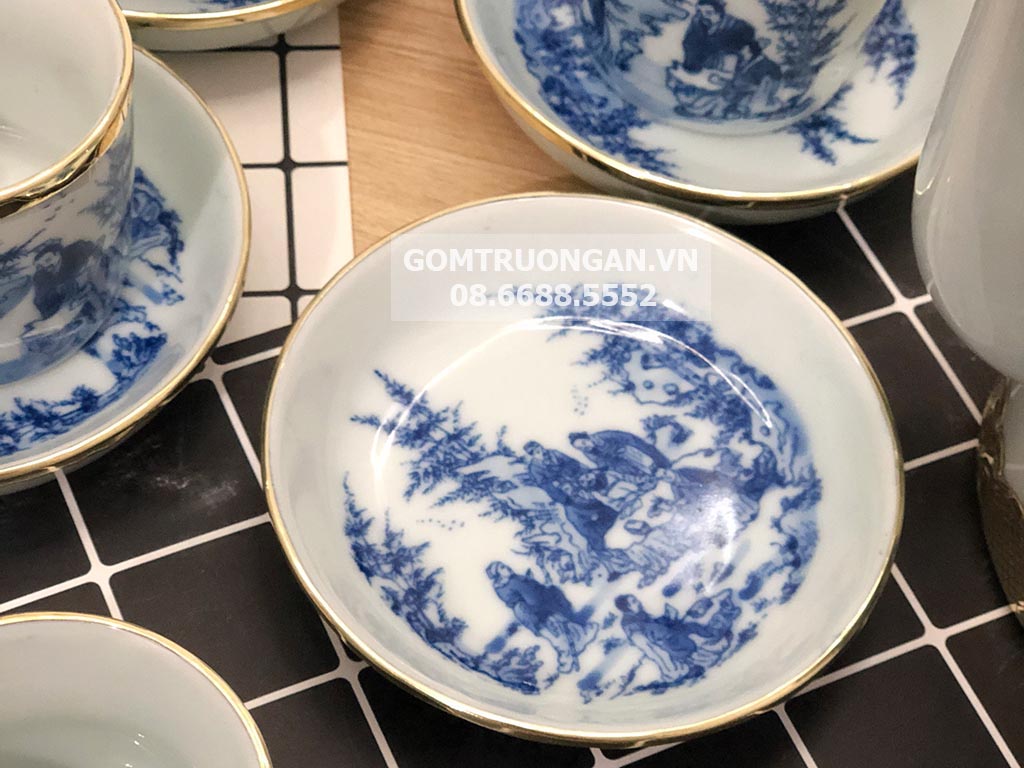 Bộ ấm tích Bát Tràng bọc đồng men lam cao cấp Trúc Lâm Thất Hiền 15L