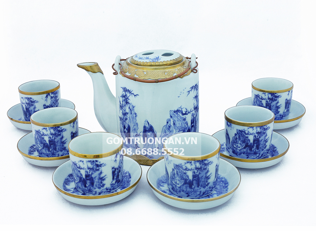 Bộ ấm tích Bát Tràng bọc đồng men lam cao cấp Trúc Lâm Thất Hiền 15L