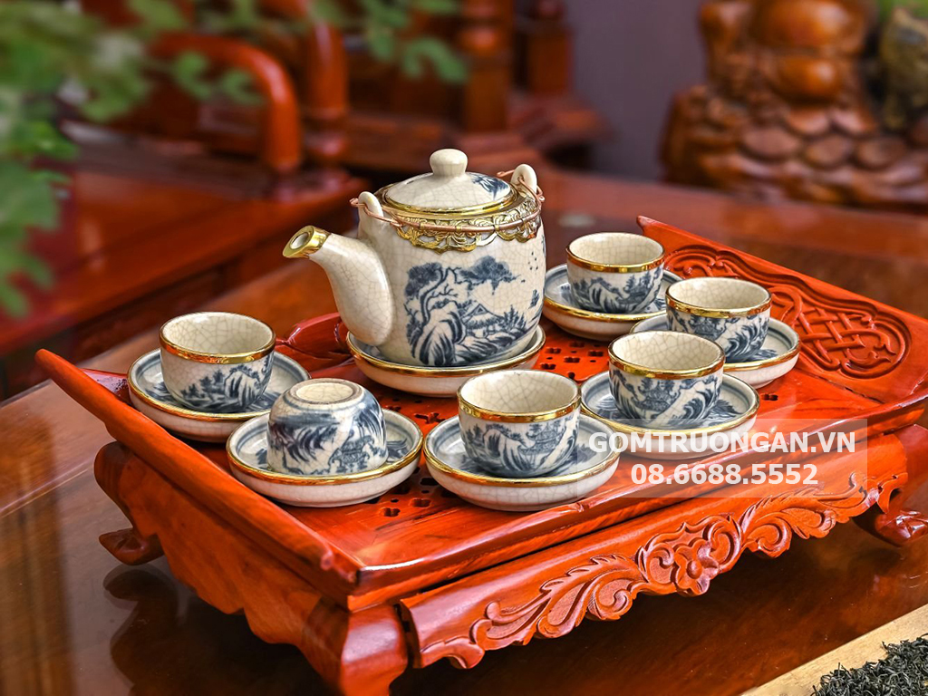 Ấm chén giả cổ men rạn bọc đồng sơn thủy, sang trọng, bền đẹp Ấm chén giả cổ men rạn bọc đồng sơn thủy, sang trọng, bền đẹp