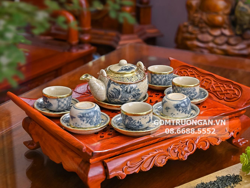 Ấm chén giả cổ Bát Tràng bọc đồng họa tiết đồng quê sang trọng 