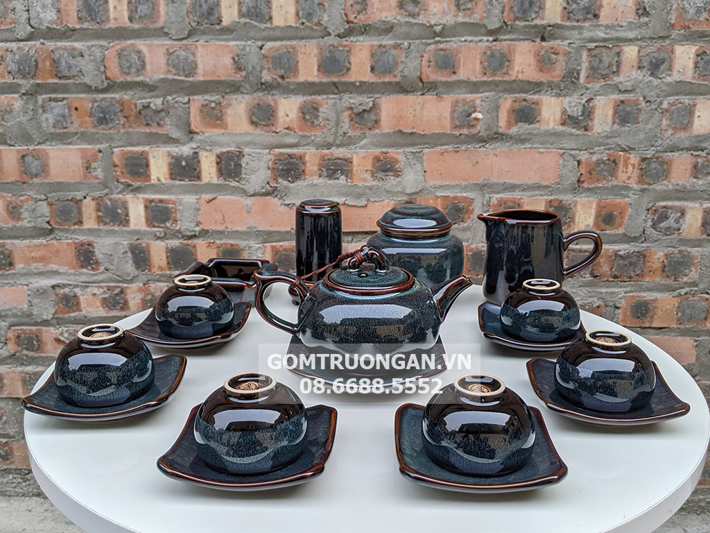 Bộ ấm chén Bát Tràng men hỏa biến xanh ghi đủ phụ kiện tặng quà 