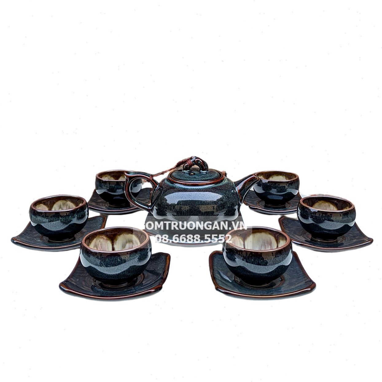 Bộ ấm chén Bát Tràng men hỏa biến xanh ghi hoa tinh xảo 