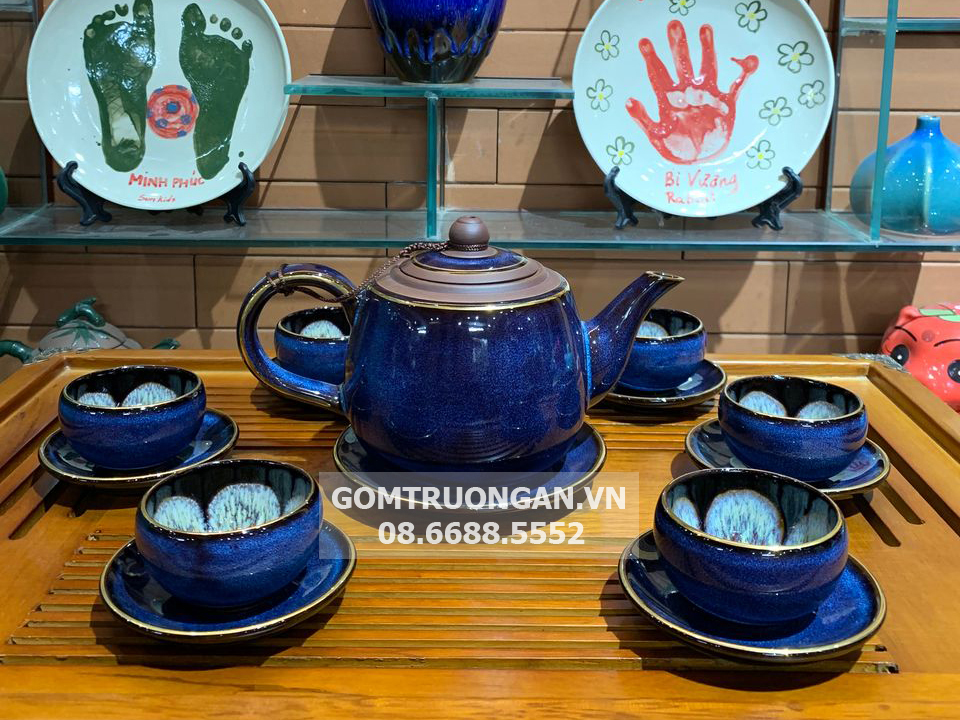 Bộ ấm chén tử sa Bát Tràng men hỏa biến xanh đẳng cấp 