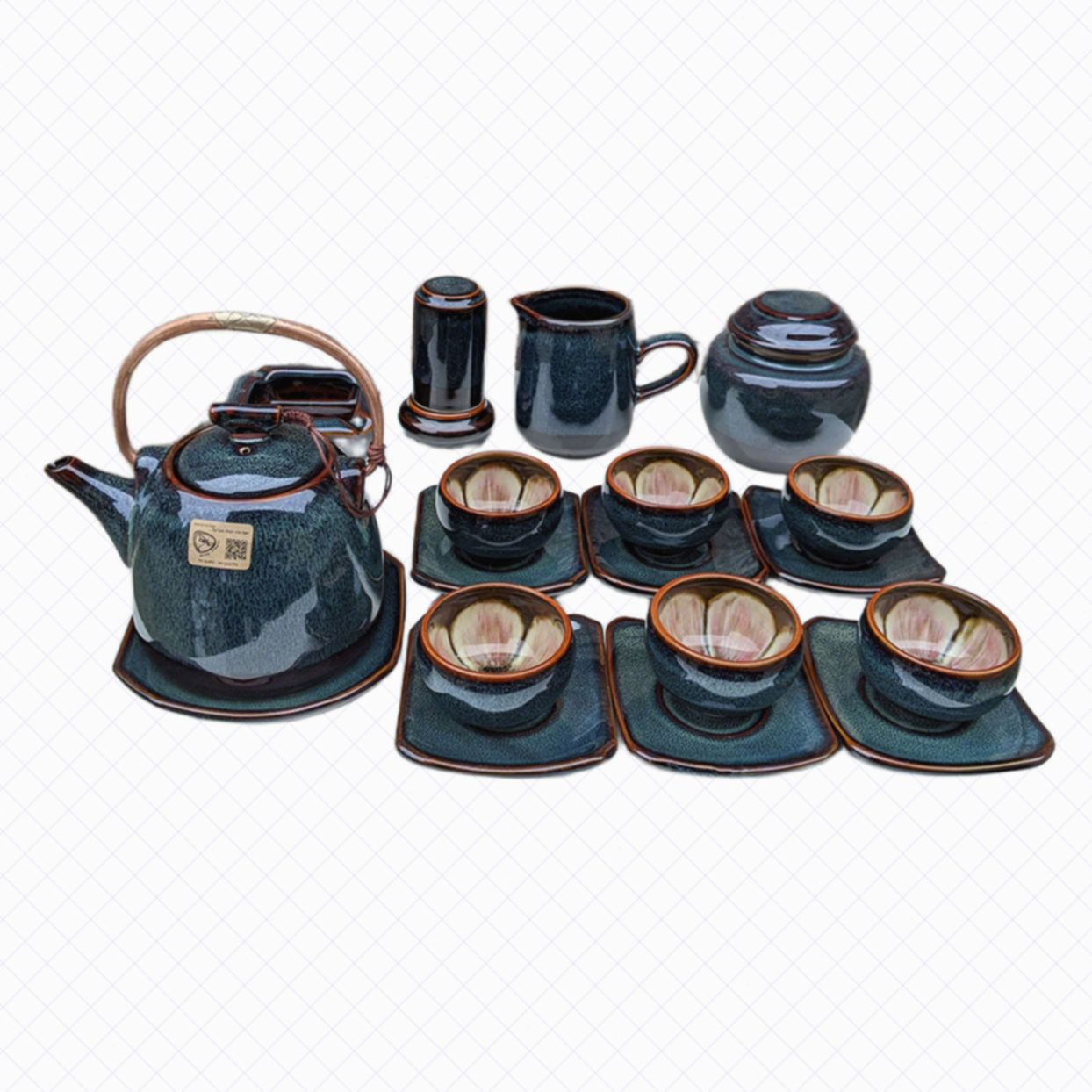 Ấm chén Bát Tràng men hỏa biến xanh hoa siêu đầy đủ phụ kiện độc đáo 