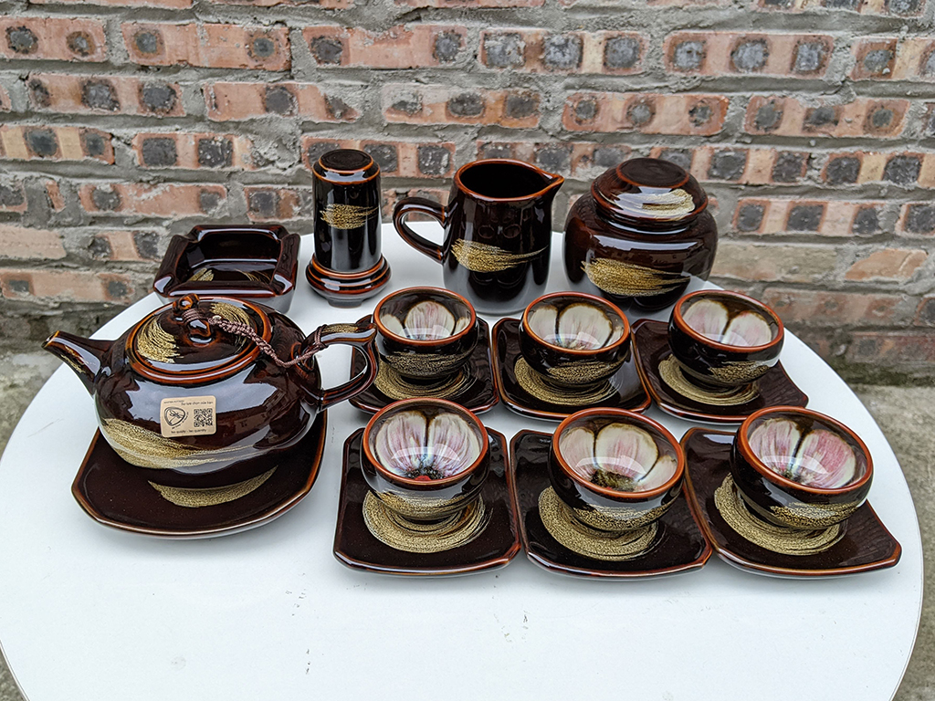 Bộ ấm chén men hỏa biến mật ong quả hồng Bát Tràng, phụ kiện đầy đủ 