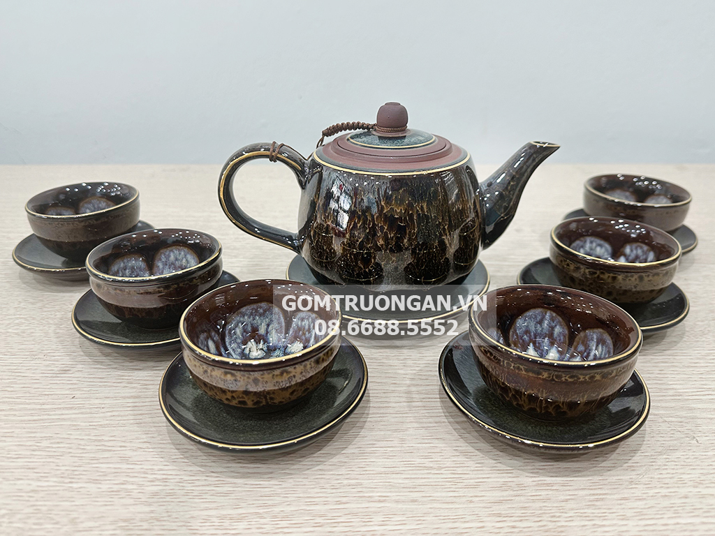 Bộ ấm trà tử sa Bát Tràng hỏa biến mã não vẽ vàng sang trọng chính hãng 
