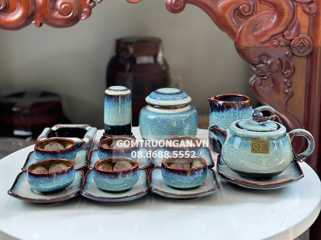 Bộ ấm chén Bát Tràng men hỏa biến phấn hồng sang trọng tiện lợi 