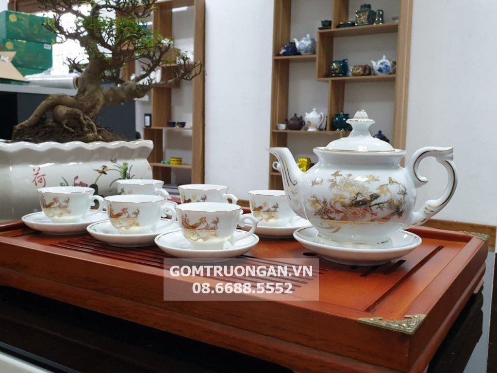 Bộ ấm trà Bát Tràng Vinh Hoa Phú Quý trắng sang trọng chính hãng 