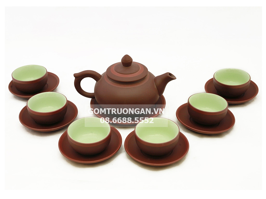 Ấm chén tử sa Bát Tràng chóp nâu kẻ chỉ đỏ - Sang trọng, bền đẹp 