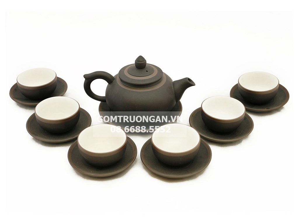 Bộ ấm chén tử sa Bát Tràng chóp đen kẻ chỉ đỏ sang trọng