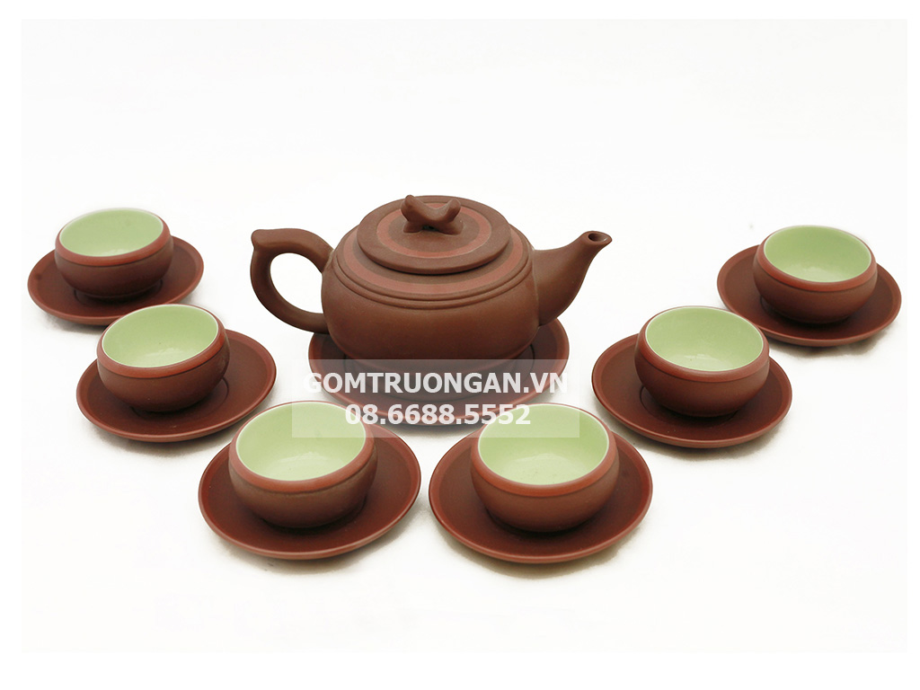 Bộ ấm chén tử sa Bát Tràng đai nâu kẻ chỉ đỏ sang trọng cao cấp