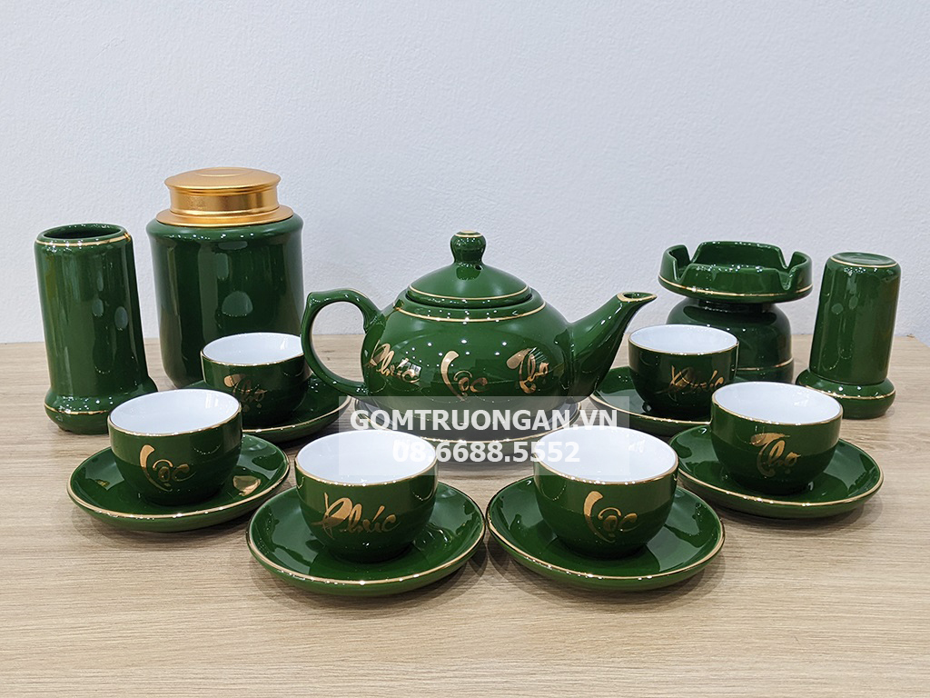 Bộ ấm trà Bát Tràng men xanh ngọc lục bảo vàng kim sang trọng đẳng cấp 