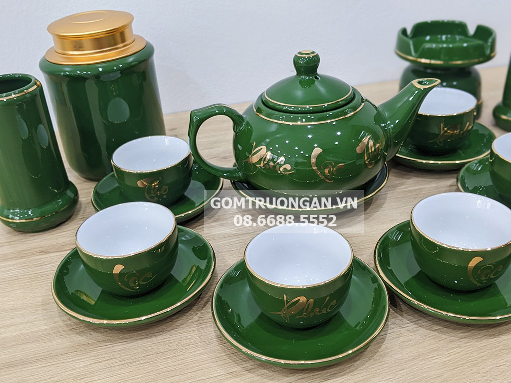 Bộ ấm trà Bát Tràng men xanh ngọc lục bảo vàng kim sang trọng đẳng cấp