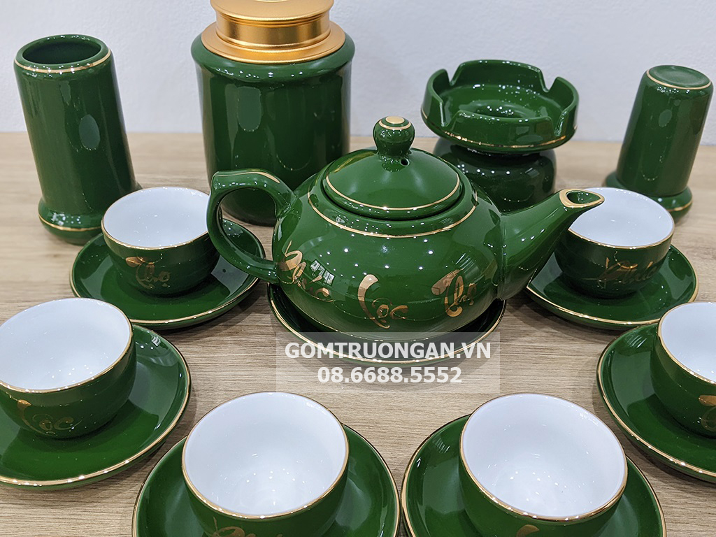 Bộ ấm trà Bát Tràng men xanh ngọc lục bảo vàng kim sang trọng đẳng cấp