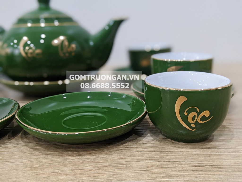 Bộ ấm trà Bát Tràng men xanh ngọc lục bảo vàng kim sang trọng đẳng cấp