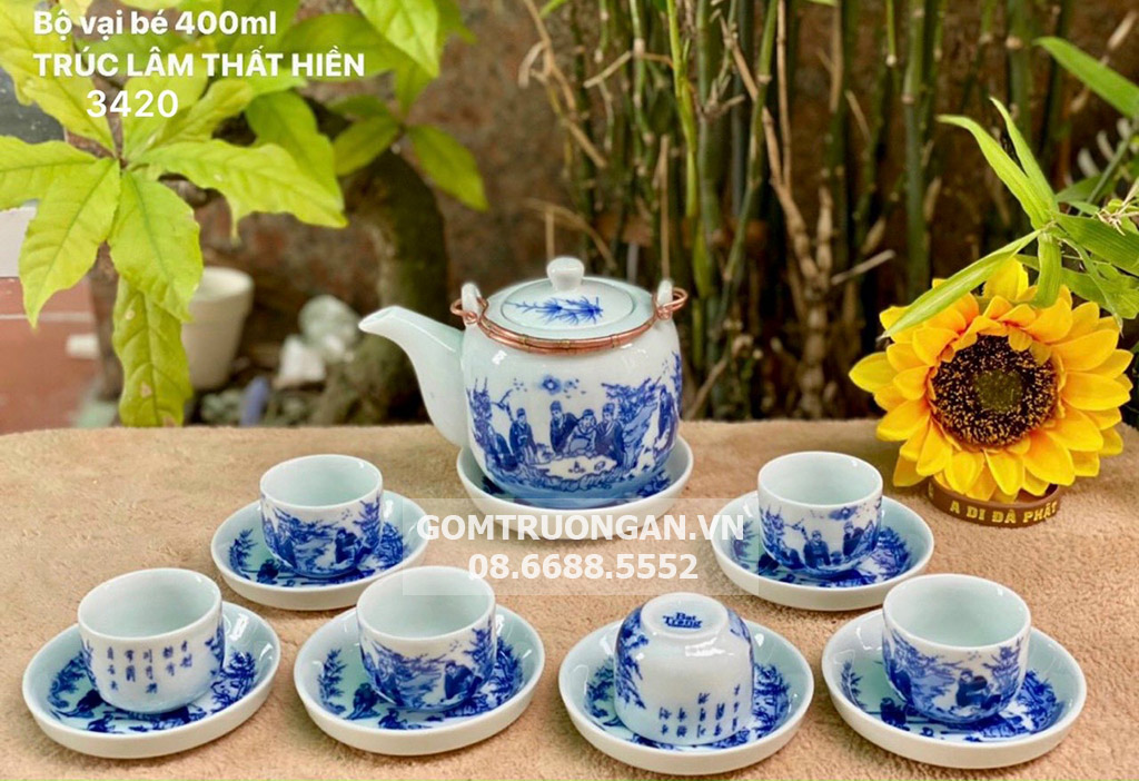 Ấm chén Bát Tràng men lam Trúc Lâm Thất Hiền nhỏ 400ml sang trọng 