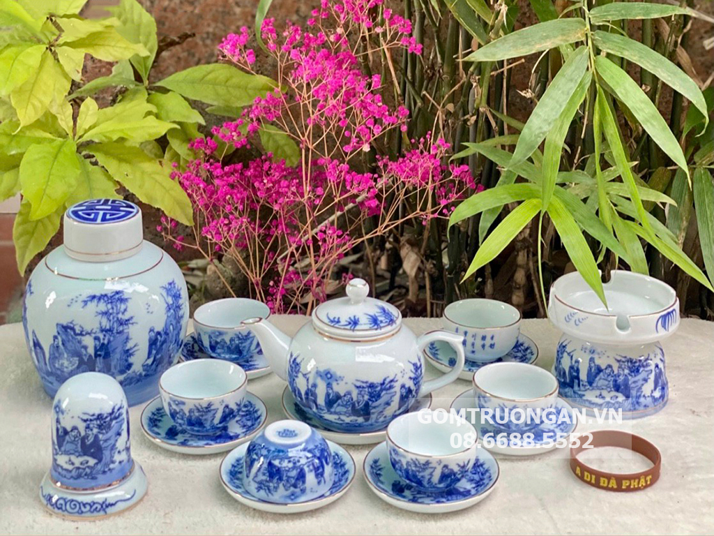 Ấm chén men lam quả hồng Bát Tràng Trúc Lâm Thất Hiền kẻ vàng đẹp 