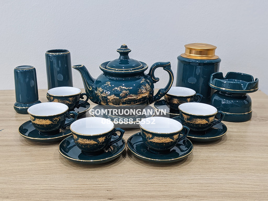 Ấm Chén Bát Tràng Men Xanh Mallard Hào Gia Phú Quý Sang Trọng 