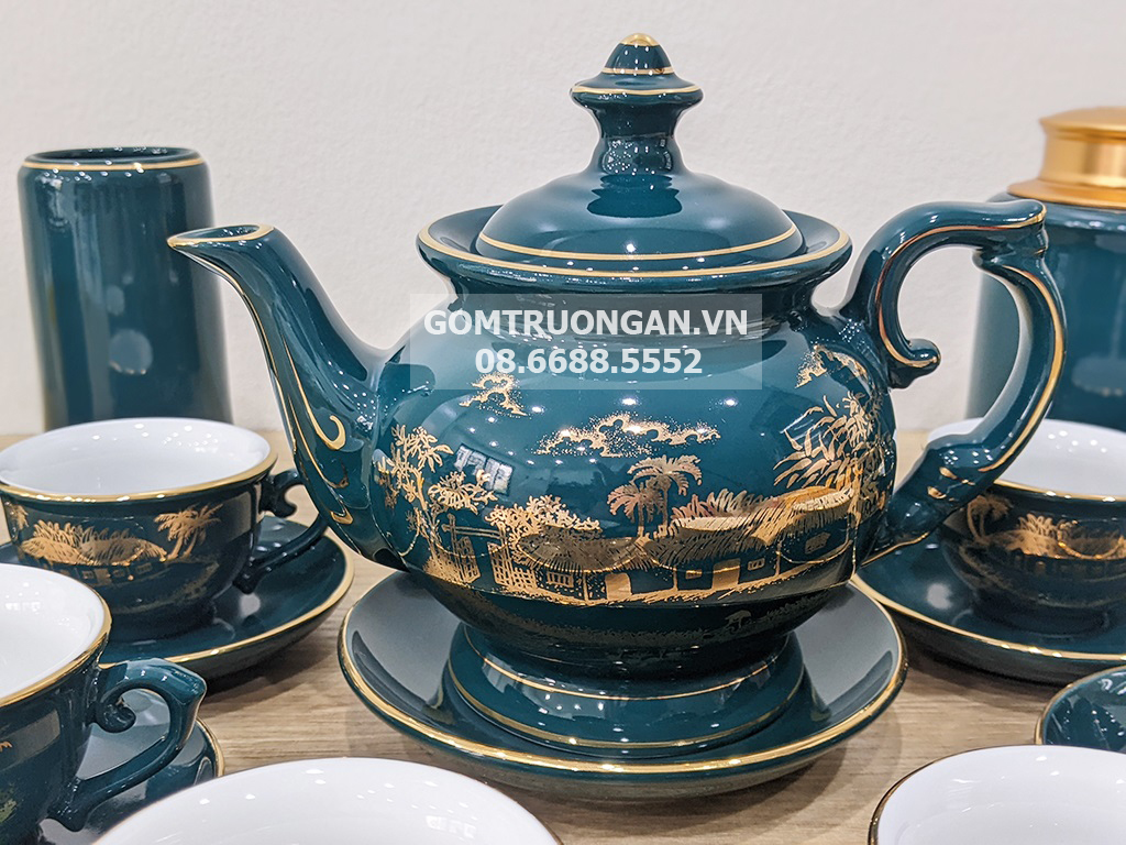 Ấm Chén Bát Tràng Men Xanh Mallard Hào Gia Phú Quý Sang Trọng