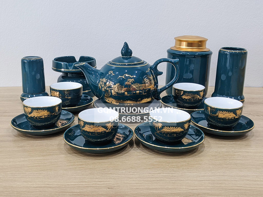 Ấm chén Bát Tràng men xanh Mallard sang trọng đầy đủ quà tặng 