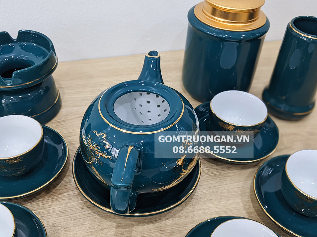 Ấm chén Bát Tràng men xanh Mallard sang trọng đầy đủ quà tặng