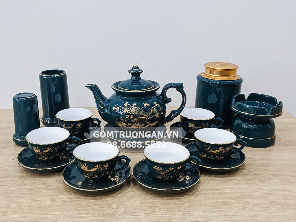 Bộ ấm trà Bát Tràng xanh cổ vịt Vinh Hoa Phú Quý sang trọng đầy đủ 