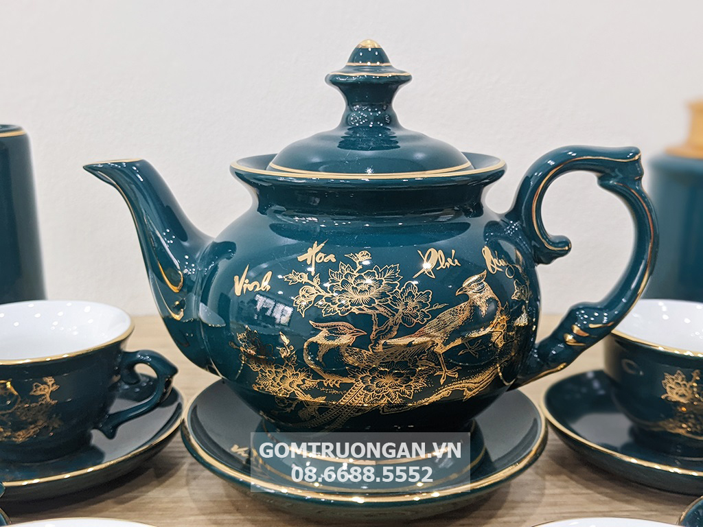 Bộ ấm trà Bát Tràng xanh cổ vịt Vinh Hoa Phú Quý sang trọng đầy đủ