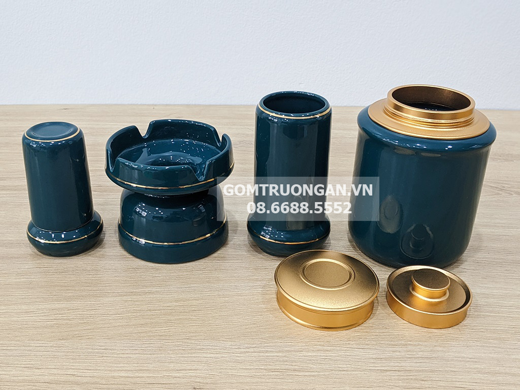 Bộ ấm trà Bát Tràng xanh cổ vịt Vinh Hoa Phú Quý sang trọng đầy đủ