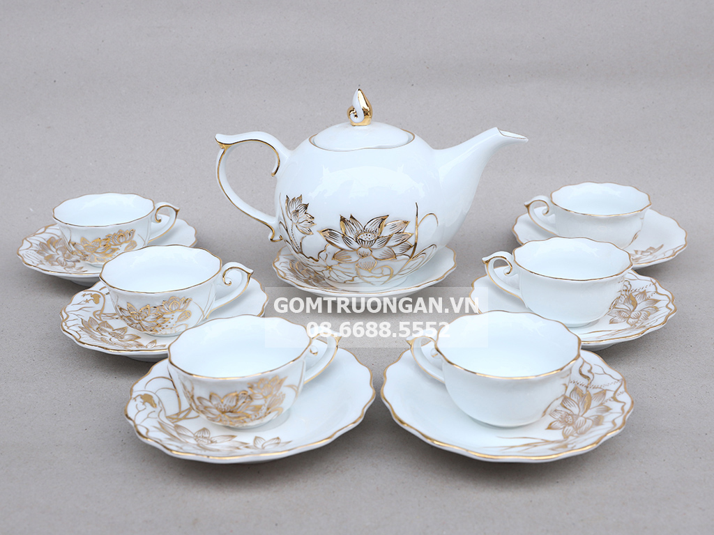 Bộ ấm chén Bát Tràng men trắng hoa sen vàng kim sang trọng cao cấp