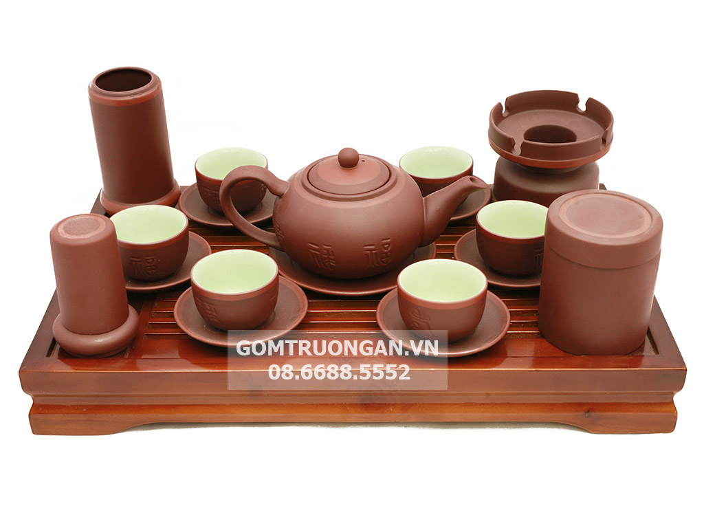 Bộ ấm chén tử sa Bát Tràng nâu kẻ chỉ sang trọng đủ phụ kiện ưu đãi