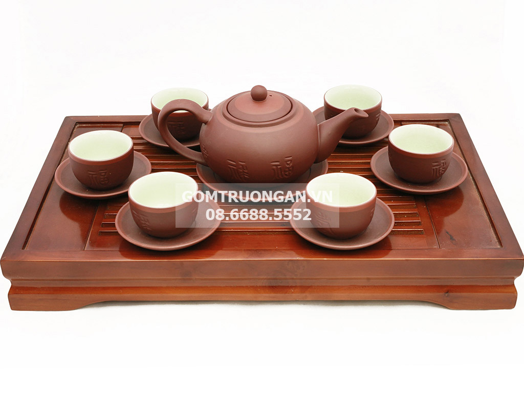 Bộ ấm chén tử sa Bát Tràng dáng tống nâu kẻ chỉ sang trọng giá tốt 
