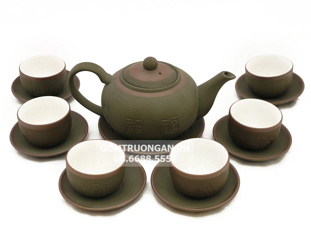 Bộ ấm chén tử sa Bát Tràng dáng tống men rêu cao cấp