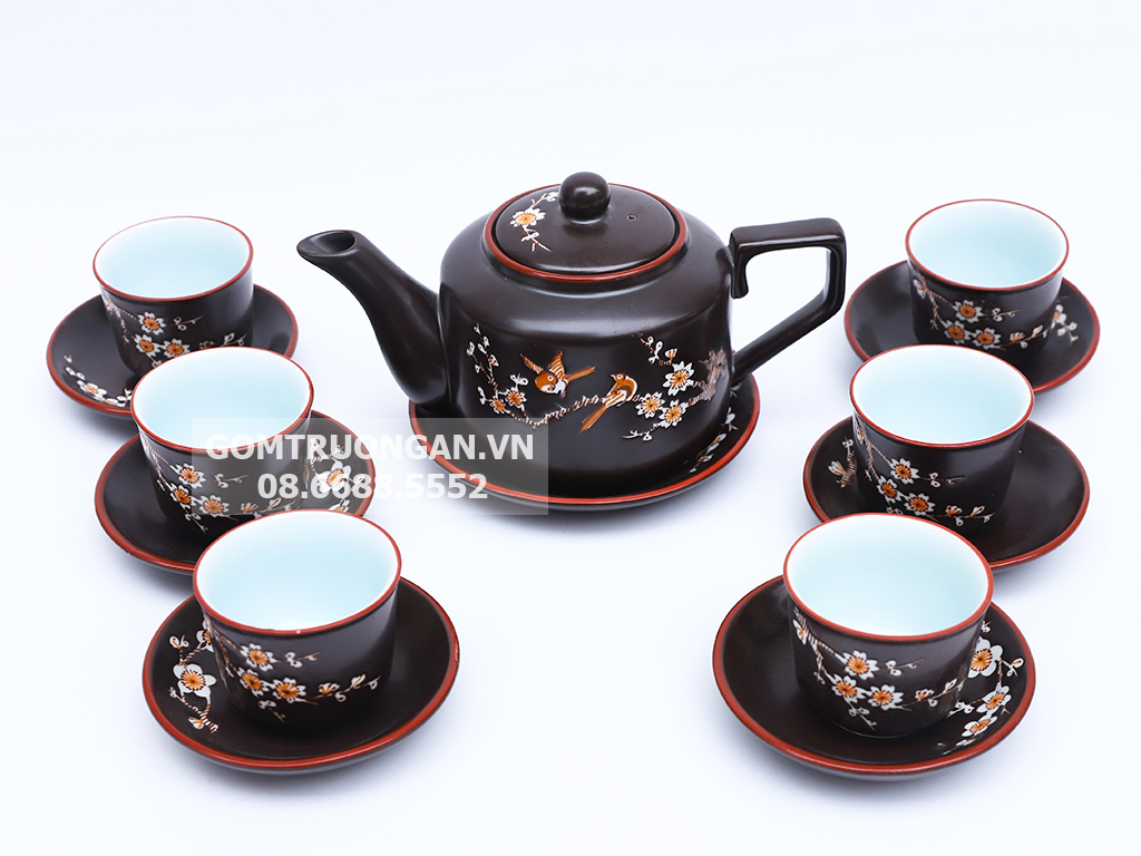 Bộ ấm chén Bát Tràng khắc hoa đào quai vuông sang trọng cao cấp