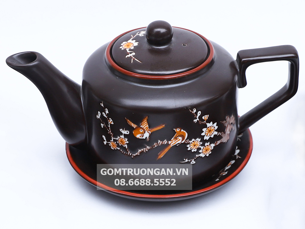Bộ ấm chén Bát Tràng khắc hoa đào quai vuông sang trọng cao cấp