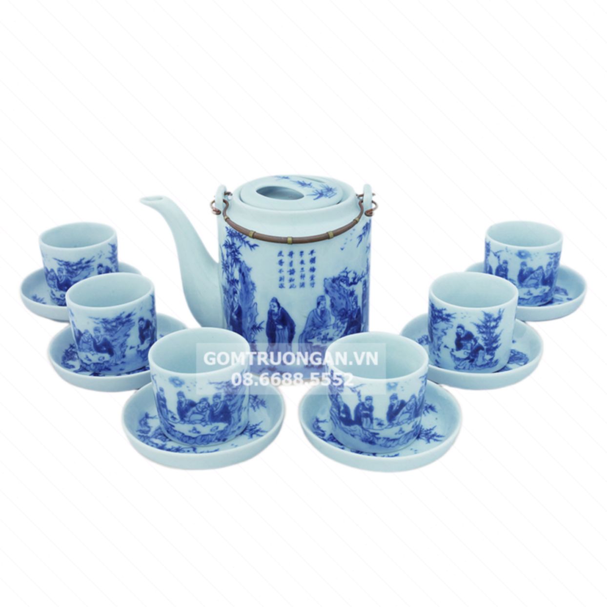 Bộ ấm tích Bát Tràng Trúc Lâm Thất Hiền 15l sang trọng quà tặng 