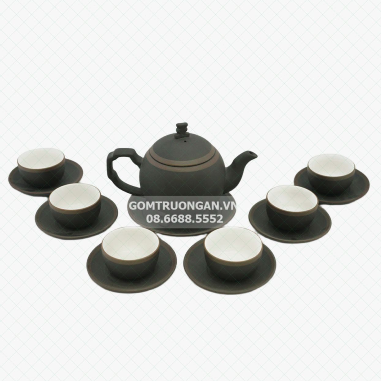 Bộ ấm chén tử sa Bát Tràng cây thông đen kẻ chỉ sang trọng, bền đẹp 